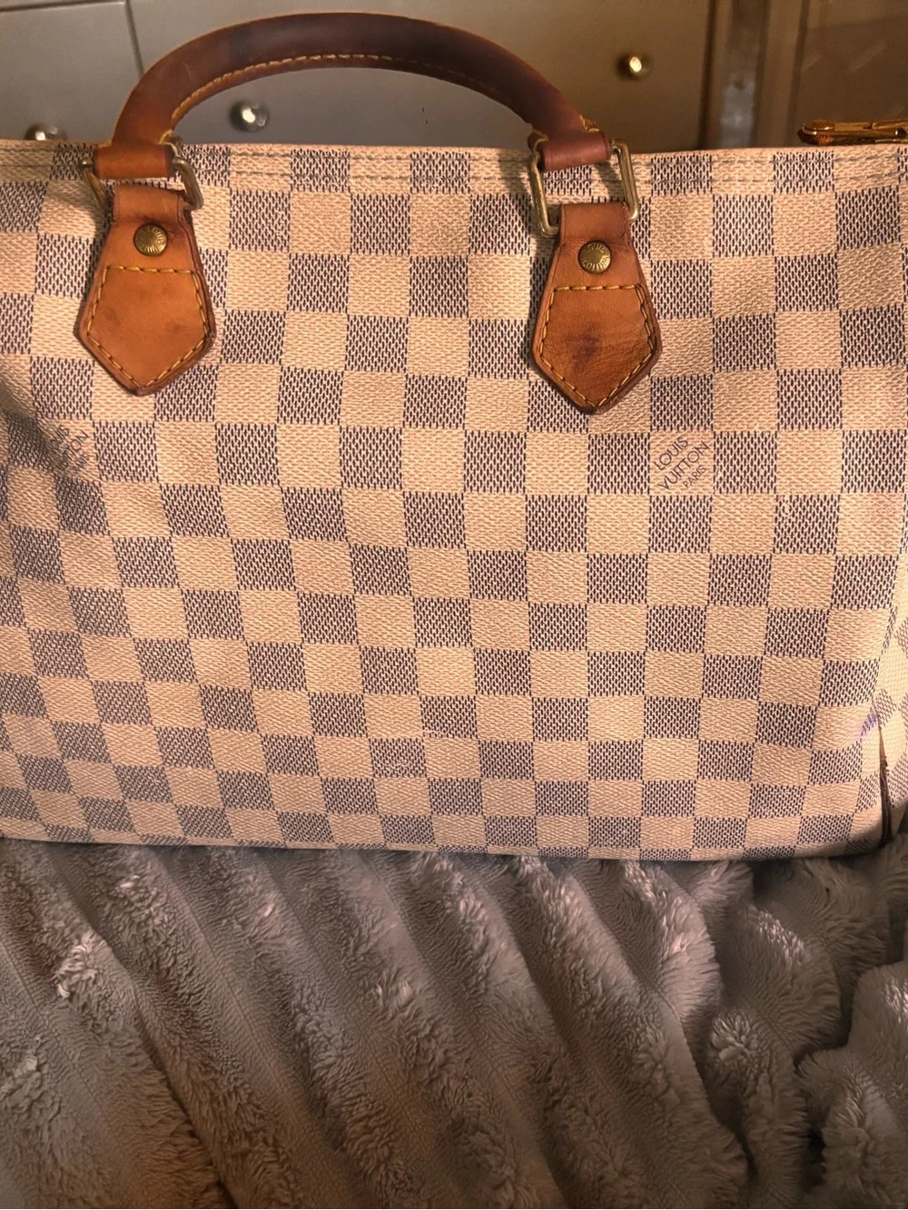 Louis Vuitton Damier Azur Canvas Satchel with Tan Leather Handles